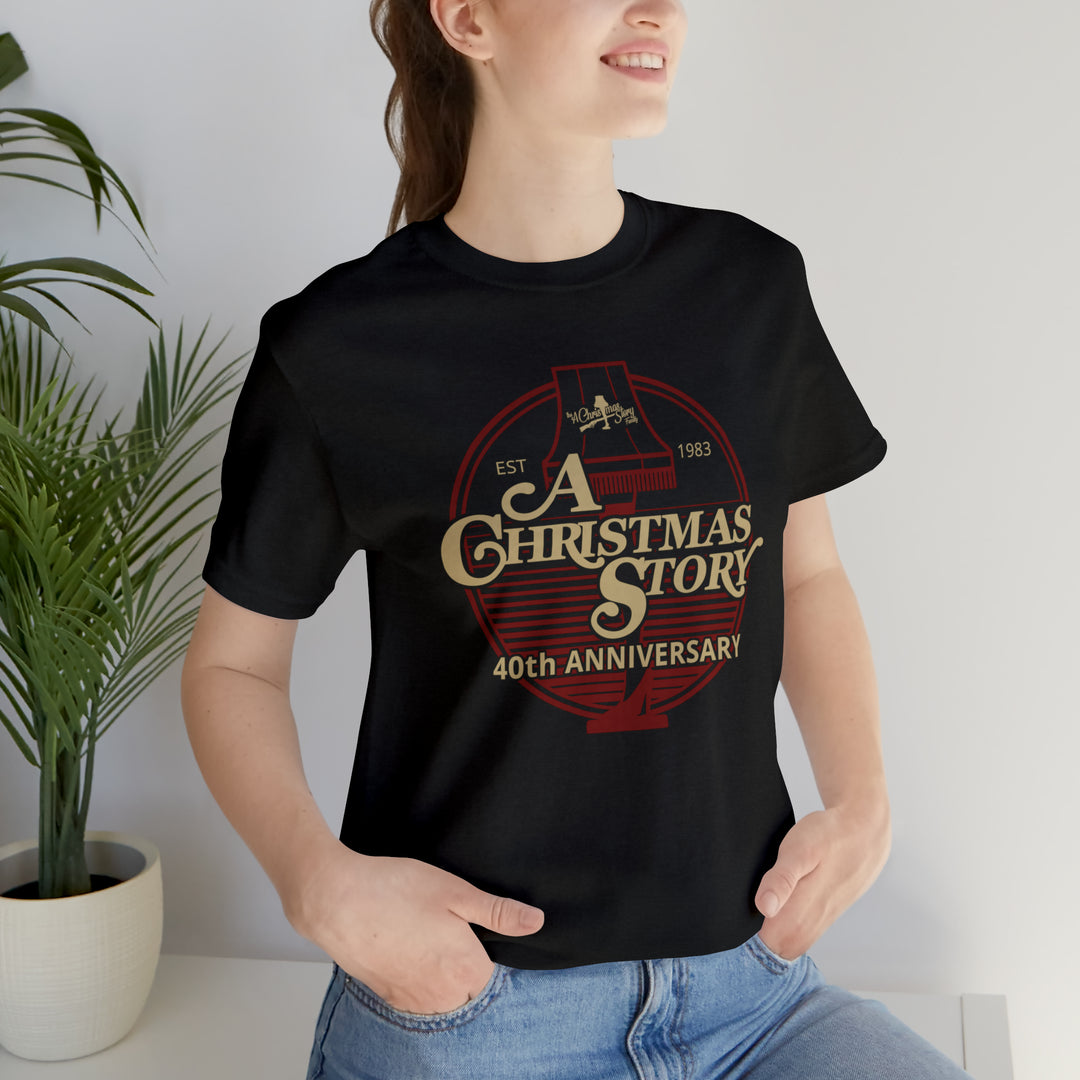 A Christmas Story "40th Anniversary Leg Lamp Background" Dual Seamed, Ribbed Cotton t-shirt